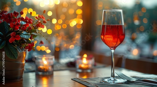 A glass of red wine is on a table with a candle and a potted plant