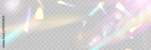 Blurred rainbow refraction overlay effect. Light lens prism effect on transparent background. Holographic reflection, crystal flare leak shadow overlay. Vector abstract illustration.  