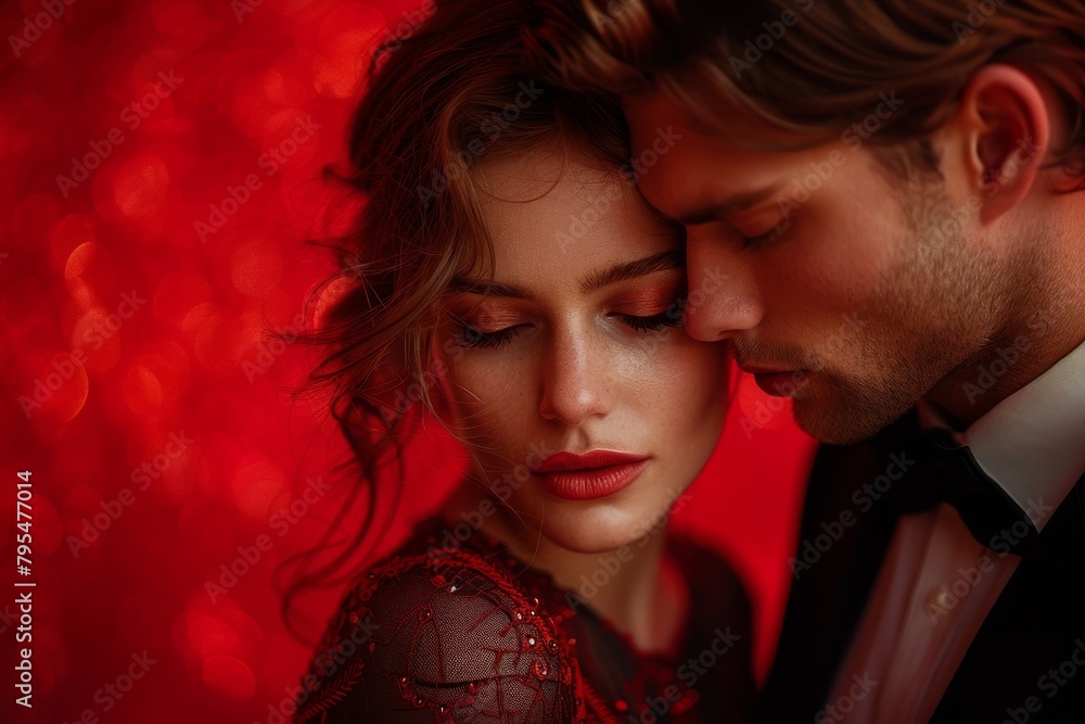 A romantic and intimate moment featuring an elegant couple against a background of red bokeh light A romantic and intimate moment featuring an elegant couple against a background of red bokeh light