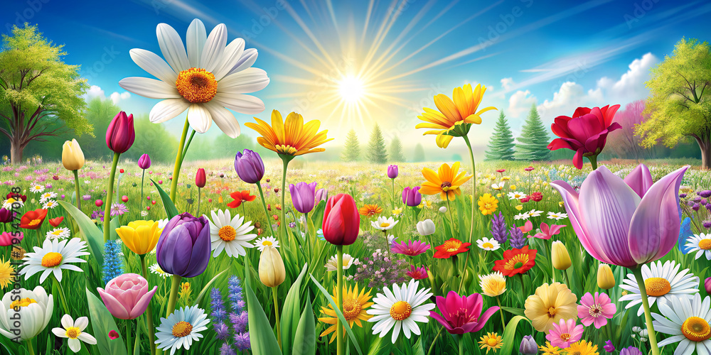 Flowers blooming in a spring field under a sunny sky,the multitude of colours a picturesque sight.Bright sunlight illuminates the scene and highlights the beauty of tulips and other flowers.AI generat