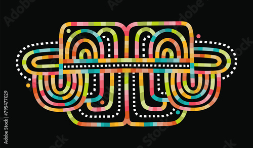 Fulfilled with neon energy of the city vibrant hand-drawn symbol. Its maze-like design of colorful geometric shapes against a black backdrop adds a futuristic and mystic flair to any project.