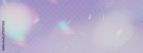 Blurred rainbow refraction overlay effect. Light lens prism effect on transparent background. Holographic reflection, crystal flare leak shadow overlay. Vector abstract illustration.  