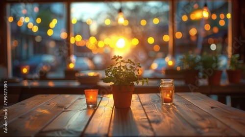 A table with a potted plant and candles on it
