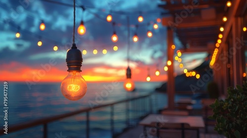 Sunset Ambiance with Festive String Lights at Beach