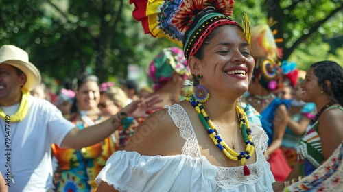 An outdoor festival celebrating cultural diversity, with participants dressed in traditional attire, dancing, and sharing their heritage with pride and joy.