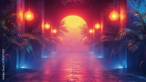 A neon lit walkway with palm trees and a large sun in the background