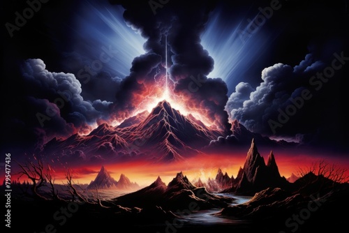 Apocalypse isolated on clear solid background landscape mountain volcano.