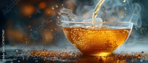 Closeup of tea being poured into a cup with rising steam. Concept Food Photography, Steamy Beverage, Closeup Shots, Tea Time, Pouring Action photo