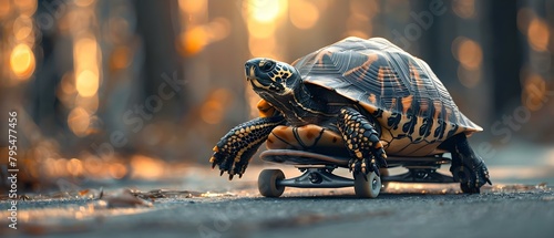 Efficient and Timesaving Speedy Reptile Courier Deliveries with Large Turtle Skateboard. Concept Reptile Courier, Fast Deliveries, Turtle Skateboard, Efficient Shipping, Speedy Service photo