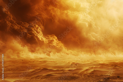 A dramatic digital art representation of a sand storm in the desert, depicting a powerful and atmospheric natural disaster.