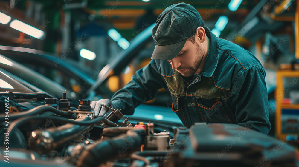 A detailed view of a mechanic's hands working on car engine components in a professional automotive repair setting A detailed view of a mechanic's hands working on car engine components in a professional automotive repair setting
