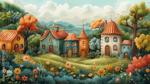 A colorful cityscape with houses of different colors and a street with flowers