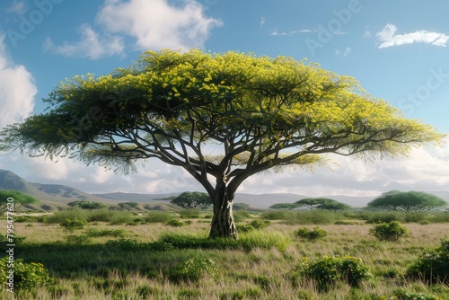 Towering acacia tree with umbrella-shaped canopy and thorny branches  perfect for African-themed designs