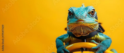 Efficient reptile courier service with speedy yellow wheels for fast deliveries. Concept Reptile Courier Service, Speedy Deliveries, Yellow Wheels, Efficient Operations