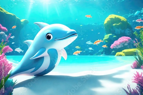 A 3d cartoon design cute character of a fish in water