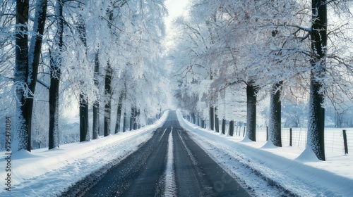 Tranquil Winter Journey Snowy Road Surrounded by Snow-Clad Trees on Both Sides, Capturing Nature's Serene Beauty