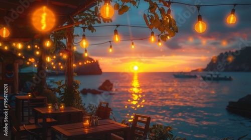 Sunset Ambiance with Festive String Lights at Beach