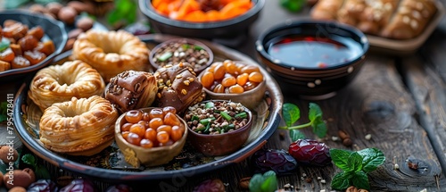 Ramadanthemed food and mosque background with traditional sweets dates and coffee. Concept Ramadan Cuisine, Mosque Setting, Traditional Sweets, Dates and Coffee photo