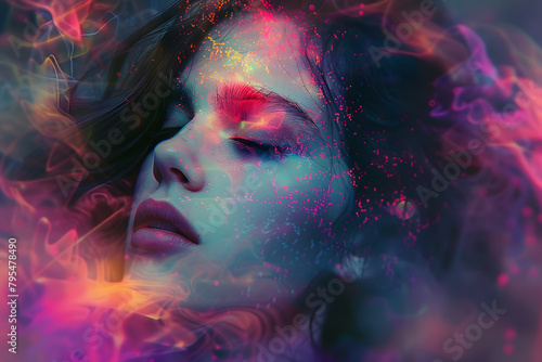 Portrait of woman with colorful smoke. Generated with AI.