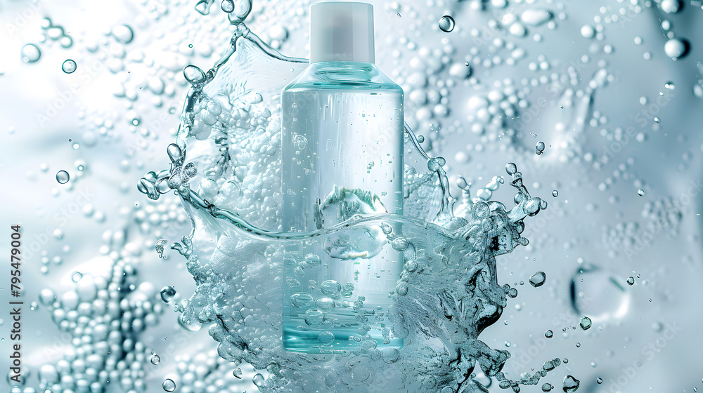Mockup Bottle of facial toner floating in water. Product shot in blue colors on white background Mockup Bottle of facial toner floating in water. Product shot in blue colors on white background