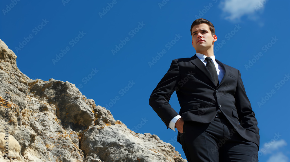Young, well-dressed man on a mountain top symbolizes success, ambition, or achieving goals, set against a clear blue sky Young, well-dressed man on a mountain top symbolizes success, ambition, or achieving goals, set against a clear blue sky