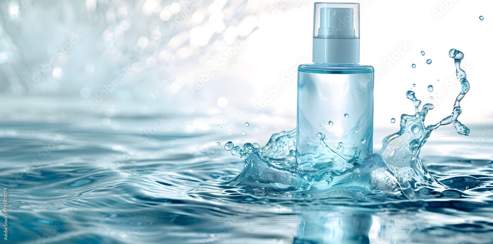 Mockup Bottle of facial toner floating in water. Product shot in blue colors on white background Mockup Bottle of facial toner floating in water. Product shot in blue colors on white background