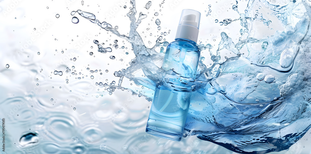Mockup Bottle of facial toner floating in water. Product shot in blue colors on white background Mockup Bottle of facial toner floating in water. Product shot in blue colors on white background