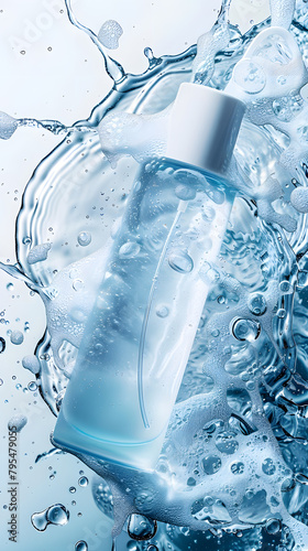 Mockup Bottle of facial toner floating in water. Product shot in blue colors on white background