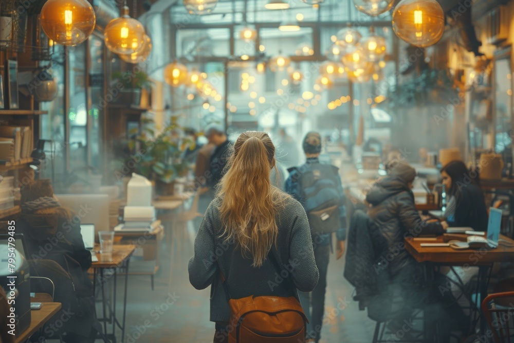 An inviting urban cafe scene with a person sitting at a table, surrounded by the ambient glow of hanging lights An inviting urban cafe scene with a person sitting at a table, surrounded by the ambient glow of hanging lights