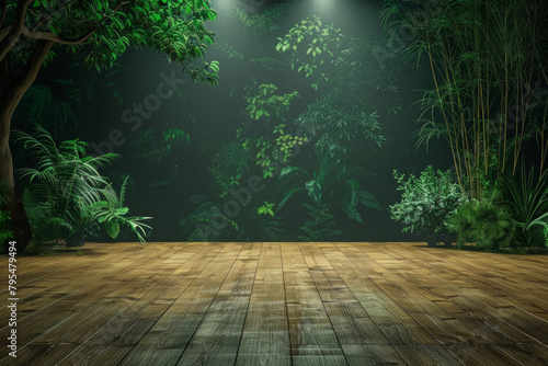 A minimalist stage set against green nature backdrop  featuring a sleek  polished wooden floor and a subtle spotlight illuminating the center