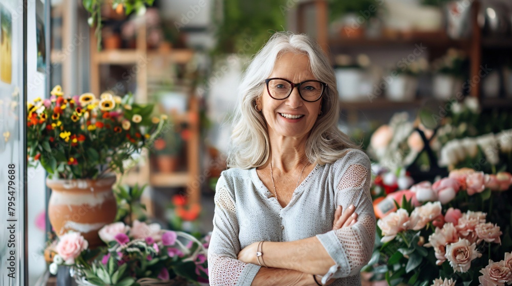 portrait of a happy adult woman who owns a flower shop, standing and smiling at the camera in front of her flower shop