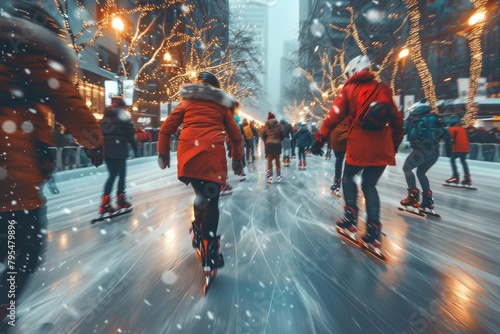 This photo captures the festive spirit of an urban ice skating rink, bustling with energy and winter joy