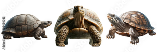 Set of Three turtles are standing in a row, turtle sea, isolate on white background.