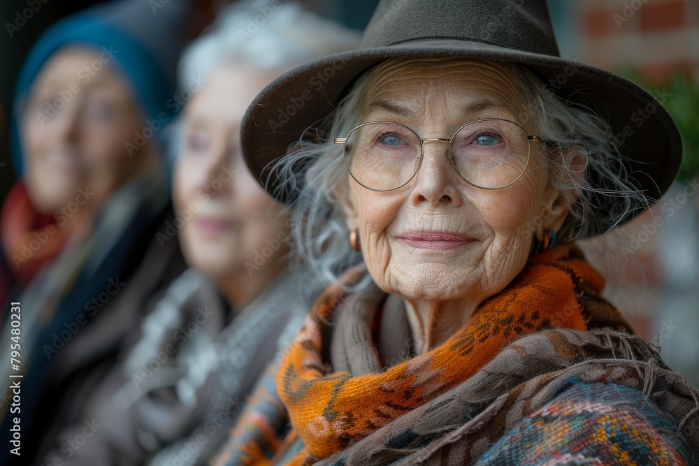 This image shows a stylish older woman wearing a hat and round glasses with a slight smile, in outdoor setting This image shows a stylish older woman wearing a hat and round glasses with a slight smile, in outdoor setting