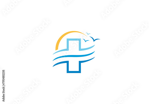 plus with a water wave logo. nature health care icon vector design