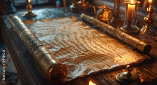 A scroll of paper with gold embossing sits on a table photo