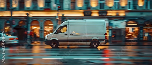 Blurry city street background with white delivery van in fast motion. Concept City Street Photography, Motion Blur Effect, Urban Delivery Vehicles, Fast Moving Scenes, Blurred Backgrounds