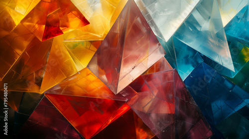 Geometric shapes intersecting with translucent layers, overlapping triangles background