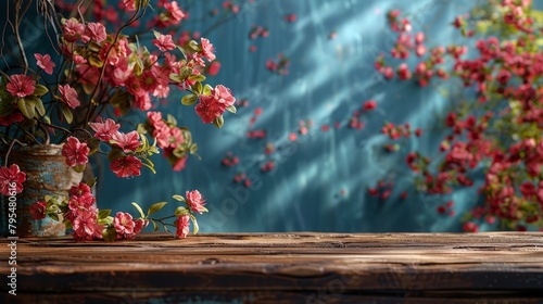 Wooden Table With Pink Flowers
