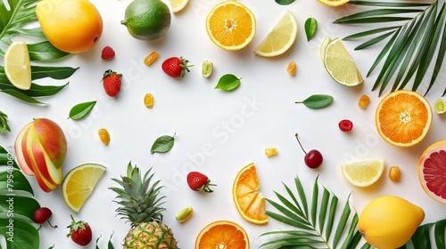 A colorful assortment of fruits and s, including oranges, lemons, and strawberries, arranged in a circular pattern on a white background photo