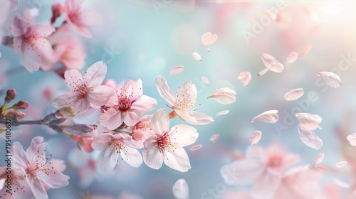 A beautiful pink flower with a few petals falling from it. Concept of serenity and tranquility, as the delicate petals gently float through the air © Nico