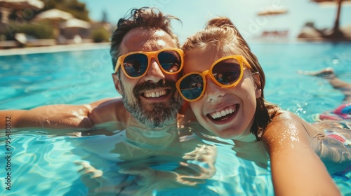 Two people with bright orange sunglasses take a gleeful selfie while partially submerged in a resort pool © Fxquadro