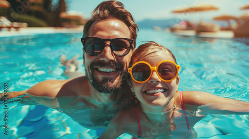 Father and daughter share a big smile with sunglasses on in a sunlit pool, creating a warm memory © Fxquadro