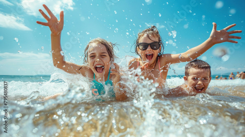 A trio of enthusiastic children splash joyfully in ocean waves, against the backdrop of a sunny beach