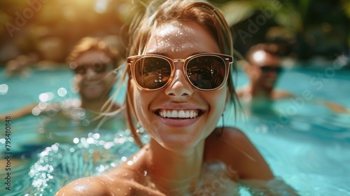 In a close-up pool selfie  a woman s smile is accentuated by water droplets and the reflection in her sunglasses