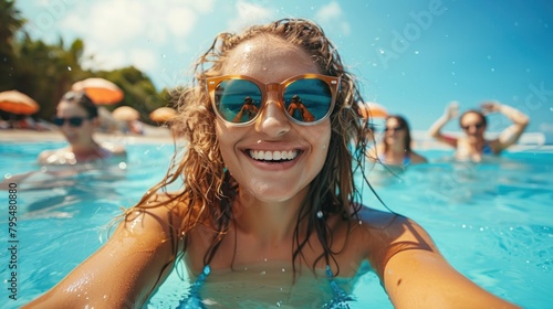 Portrait of a happy woman in pool with blue reflective sunglasses