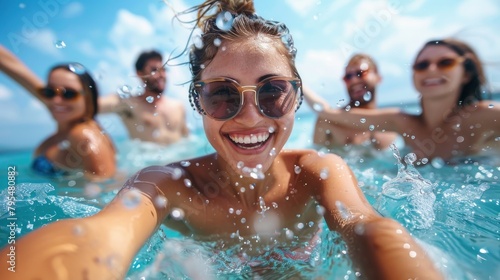 Friends engaged in a vibrant water splash, taking a selfie in the pool, showcasing joy and togetherness © Fxquadro