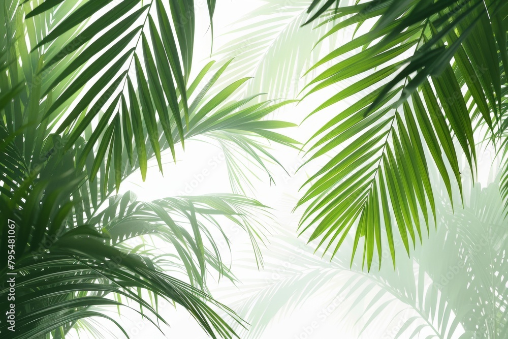 Tropical palm fronds with vibrant green hues on a transparent white backdrop, creating a serene and exotic ambiance