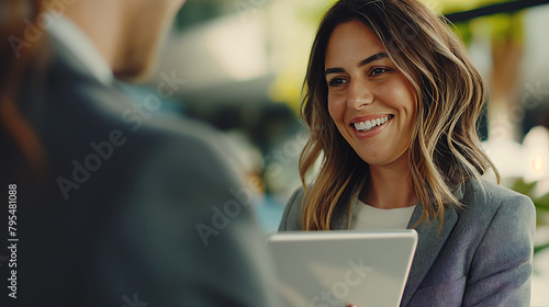 Enthusiastic woman smiling and interacting with an unseen colleague while holding a digital tablet