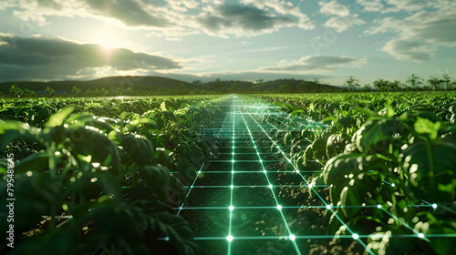 Digital agriculture concept, new and modern technology helps industry and agriculture grow, reduce costs and increase productivity, data grid line connecting